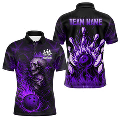 Maxcorners Purple Flaming Skull Bowling Shirts For Men Custom Fire Bowling Team Jersey Polo & Quarter Zip