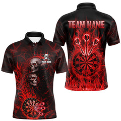 Maxcorners Red Flaming Skull Darts Polo & Quarter Zip Custom Fire Darts Shirt For Men, Darts Team Jersey