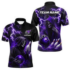 Maxcorners Purple Grim Reaper Bowling Shirt For Men Custom Lightning Bowling Jersey Team Polo & 1/4 Zip LM2901