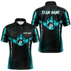 Maxcorners Personalized Turquoise 8 Ball Flame Billiard Shirt For Men, Billiard Team Jersey Polo & 1/4 Zip TU2312