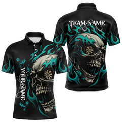 Maxcorners Personalized Turquoise Flaming Skull Darts Shirt For Men Custom Darts Jersey Team Polo & 1/4 Zip LM1109