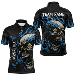 Maxcorners Personalized Blue Flaming Skull Darts Shirt For Men Custom Darts Jersey Team Polo & 1/4 Zip MT0609