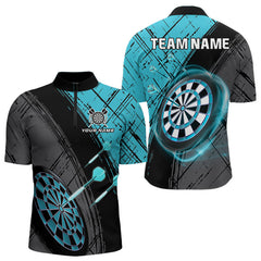 Maxcorners Grunge Cyan Black Dartboard Light Men Darts Polo & 1/4 Zip Custom Dart Shirt For Team Dart Jersey LM0706