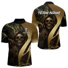 Maxcorners Personalized Golden Grim Reaper Lightning Darts Shirt For Men, Darts Team Jersey Polo &1/4 Zip LM3006