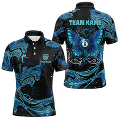 Maxcorners Custom Teal Blue Marble Billiard Shirt For Men, 8 Ball Butterfly Pool Team Jersey Polo & 1/4 Zip TU0809