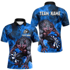 Maxcorners Blue Flaming Wolf Darts Shirt For Men Custom Darts League Jersey Team Polo & Quarter Zip LM2711
