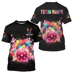 Maxcorners Colorful Flowers Butterfly Pickleball Ball T-Shirt Custom Black Men's Pickleball Jerseys MT0811