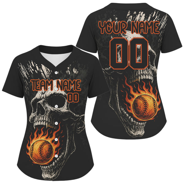 Maxcorners Custom Black Grunge Fire Flames Baseball Ball Shirt For Men Horror Baseball Jerseys LM0910