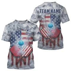 Maxcorners Custom Grey Smokes USA Flag Men's Pickleball T-Shirt Patriotic Pickleball Jerseys LM1411