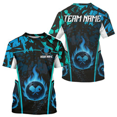 Maxcorners Custom Black Grunge Blue Flames Pickleball Ball Jerseys Men Pickleball Paddle Team Shirts