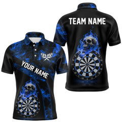 Maxcorners Custom Black & Blue Flaming Skull Darts Polo Shirt For Men Skull Dart League Jerseys