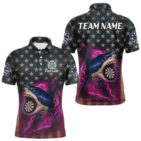 Maxcorners Custom Pink Flames Shark Patriotic Dart Polo Shirt For Men Outfit US Flag Dart Jersey LM1109