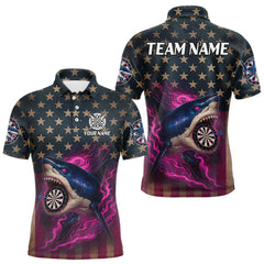 Maxcorners Custom Pink Flames Shark Patriotic Dart Polo Shirt For Men Outfit US Flag Dart Jersey LM1109