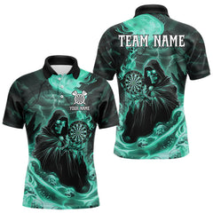 Maxcorners Custom Turquoise Grim Reaper Fire Flames Dart Men Polo Jerseys Outfits Skull Dart Shirt LM1610