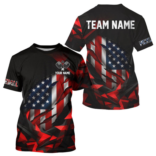 Maxcorners Custom Black And Red Patriotic Pickleball T-Shirt For Men US Flag Pickleball Jerseys MT1309