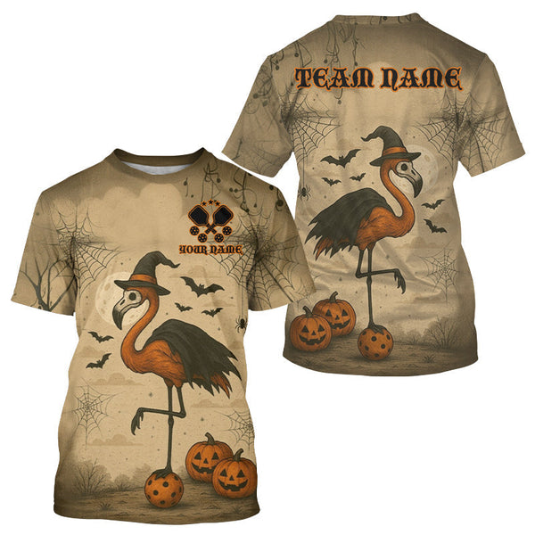 Maxcorners Custom Halloween Pickleball T-Shirt For Men Flamingo Funny Halloween Pickleball Shirts MT2108
