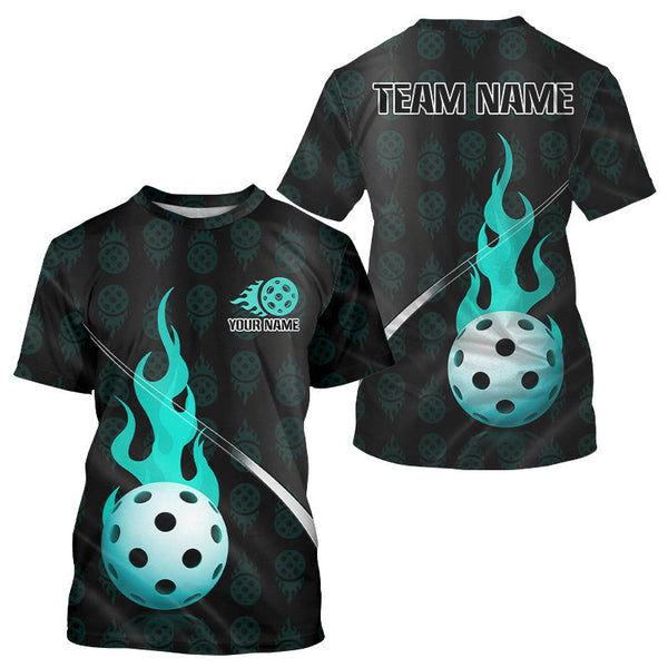 Maxcorners Turquoise Custom Pickleball T-Shirt For Men Personalized Flame Pickleball Team Outfit MT2108