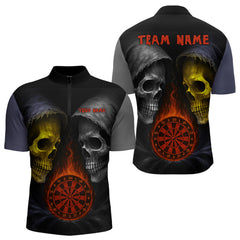 Maxcorners Flaming Dartboard Dual Skulls Funny Darts Shirt For Men - Customizable Name & Team LM0706