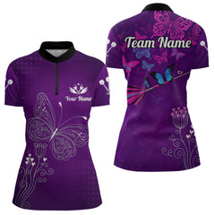 Maxcorners Purple Butterflies Dart Arrow Women's Darts Shirt - Custom Name For Darts Jersey MT1706