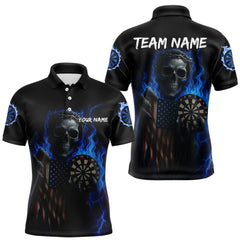Maxcorners Custom Blue Flames Skeleton USA Flag Dart Men Polo Jerseys Patriotic Dart Team Shirt LM1610
