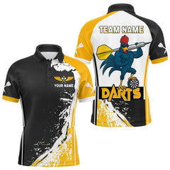 Maxcorners Yellow Fiery Rooster Fury Dart Arrow Men Funny Darts Polo Shirt Custom Name Darts Jersey TU0212