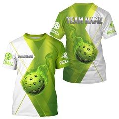 Maxcorners Custom White & Green Fire Flame Pickleball Ball T-Shirt For Men Outfit Pickleball Jersey MT0609
