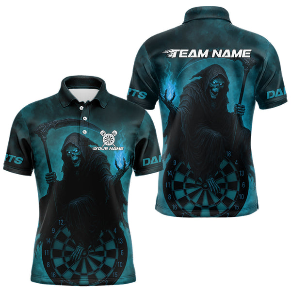 Maxcorners Custom Turquoise Flames Skeleton Dartboard Dart Shirt For Men Dart Tournament Jerseys LM1109
