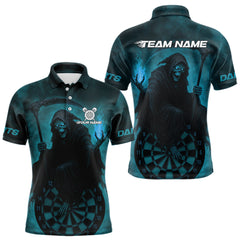 Maxcorners Custom Turquoise Flames Skeleton Dartboard Dart Shirt For Men Dart Tournament Jerseys LM1109