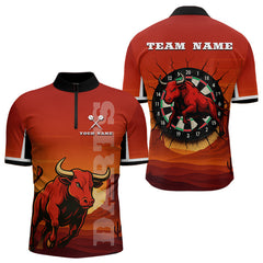 Maxcorners Red Rampage Bull & Cracked Dartboard Men's Darts Shirt - Custom Name For Players MT2306