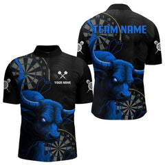 Maxcorners Blue Ferocious Bull Grunge Dartboard Darts Shirt For Men - Custom Name & Team Jersey LM3006