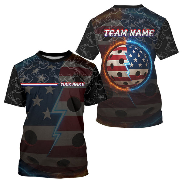Maxcorners Custom Patriotic Pickleball Shirt For Men With USA Flag & Lightning Ball LM0803