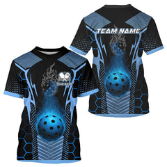 Maxcorners Custom Black & Blue Flaming Pickleball Ball T-Shirt For Men Outfit Pickleball Jersey MT0609