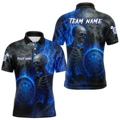 Maxcorners Custom Grey And Blue Flames Dartboard Skeleton Dart Men Polo Shirt Dart Team Jerseys MT1110