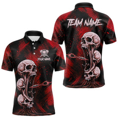 Maxcorners Custom Red Grunge Creepy Skull Flame Dart Arrow Men Darts Polo Shirt Dart Jerseys LM1411