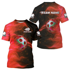 Maxcorners Custom Red Flames Holographic Pickleball Ball T-Shirt For Men Outfit Pickleball Jersey MT1309
