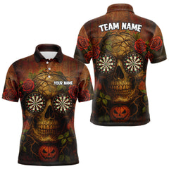 Maxcorners Custom Red Roses Skull Halloween Dart Polo Shirt For Men Grunge Dart Team Jersey LM1809