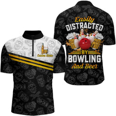 Maxcorners Funny Bowling Shirt Easily Distracted By Bowling And Beer Custom Bowling Jersey For Men And Women