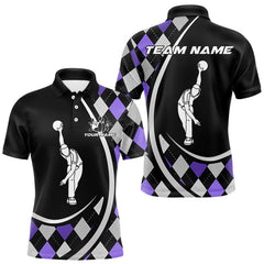 Maxcorners Purple Argyle Pattern Bowling Jersey for Men Custom Polo & 1/4-Zip Bowling Team Shirt Bowling Gift MT1607