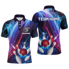Maxcorners Personalized Galaxy Bowling Pins and Ball Shirt Blue & Purple Neon Polo Bowling Team League