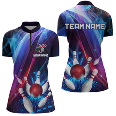 Maxcorners Personalized Galaxy Bowling Pins and Ball Shirt Blue & Purple Neon Polo Bowling Team League