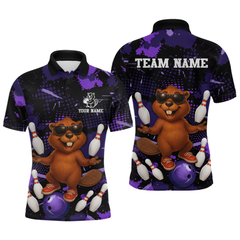 Maxcorners Custom Purple Funny Beaver Bowling Team Shirt Men Bowling League Jersey Polo Bowling Outfit LM0409