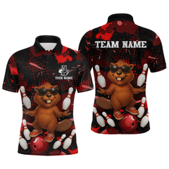 Maxcorners Custom Red Funny Beaver Bowling Team Shirt Men Bowling League Jersey Polo Bowling Outfit LM0409