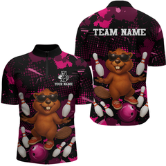 Maxcorners Custom Pink Funny Beaver Bowling Team Shirt Men Bowling League Jersey Polo Bowling Outfit LM0409