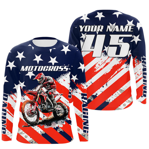 Maxcorners American Flag Racing Jersey UPF30+ Youth Motocross Shirt USA Custom Dirt Bike Shirt Boys Girls Men LM2809