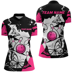 Maxcorners Custom Pink Butterflies Bowling Shirt for Men Women Team Bowling Polo&Quater Zip