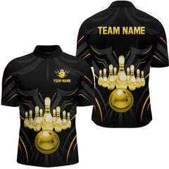 Maxcorners Black And Gold Custom Name Bowling Jerseys For Men Bowling Team Shirts Bowling Pin And Ball