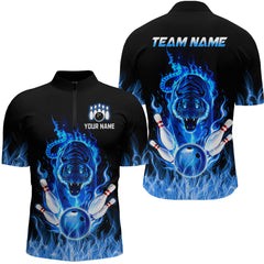 Maxcorners Blue Flaming Tiger Bowling Custom Men Bowling Polo & Quarter-Zip Bowling Team Jerseys Lm243