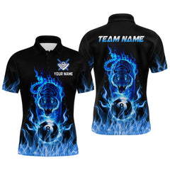 Maxcorners Custom Blue Tiger Flaming 8 Ball Pool Men Billiard Polo & 1/4 Zip Shirts Billiard Team Shirt MT2709