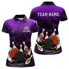 Maxcorners Custom Purple Funny Turkey Bowling Jersey for Men Thanksgiving Bowling Team Shirts Polo & 1/4 Zip MT2009