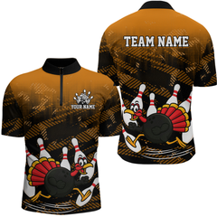 Maxcorners Custom Orange Funny Turkey Bowling Jersey for Men Thanksgiving Bowling Team Shirts Polo & 1/4 Zip MT2009
